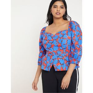 Eloquii Peplum Top Blouse Puff Sleeves Sz 20 Red Blue Floral Colorful Ruffle Hem